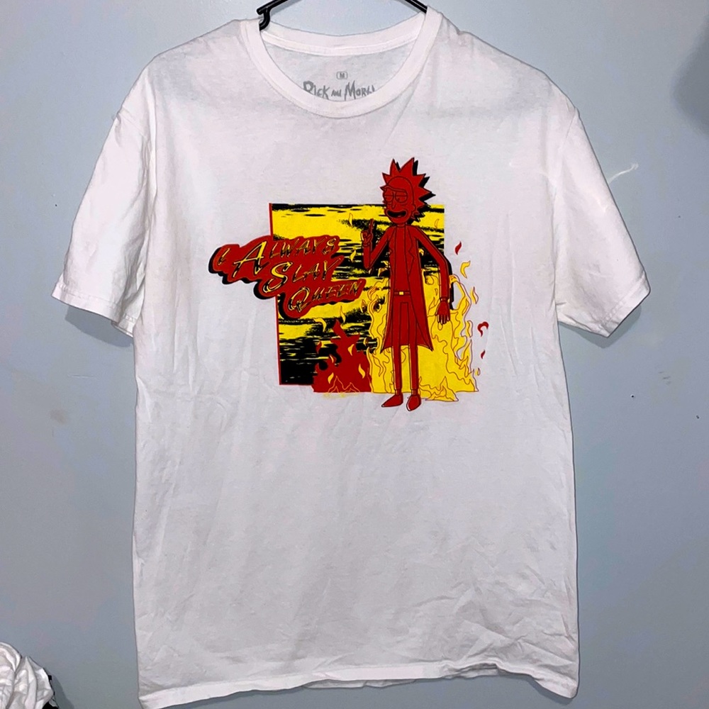 An all white Rick and Morty shirt that’s says “Always slay queen”